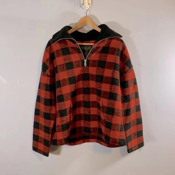 Rachel Zoe size large NWT red black Buffalo plaid gingham pullover sweater zip - Picture 2 of 8